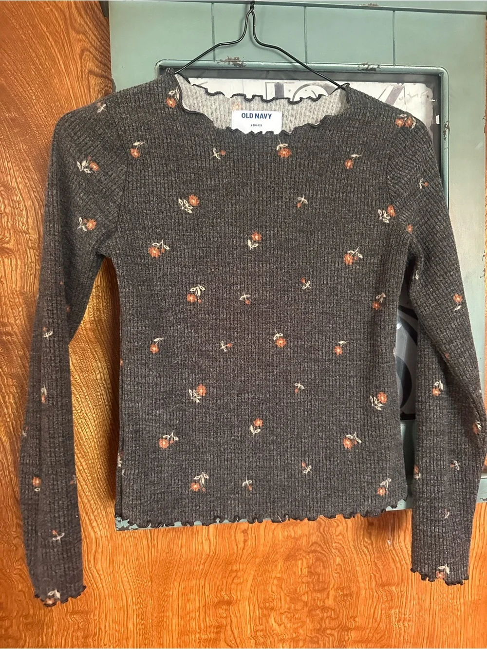 Old Navy Girls' Dark Gray Knit Long Sleeve Top with Orange Floral Dots